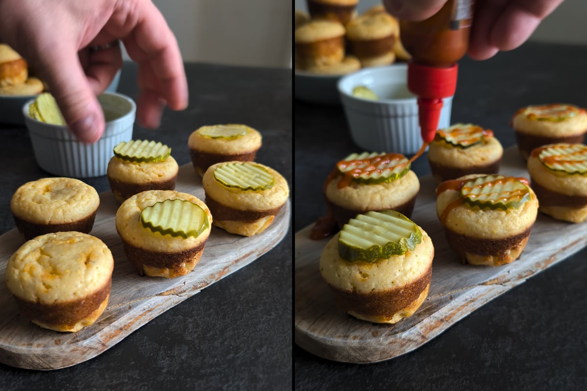 pork belly cornbread muffins with a pickle and hot sauce on top