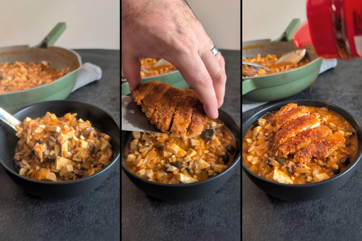 crispy gochujang chicken and kimchi risotto