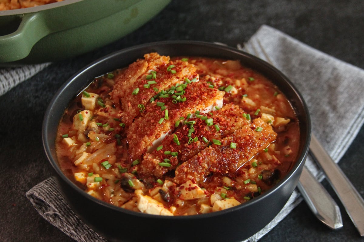 crispy gochujang chicken and kimchi risotto