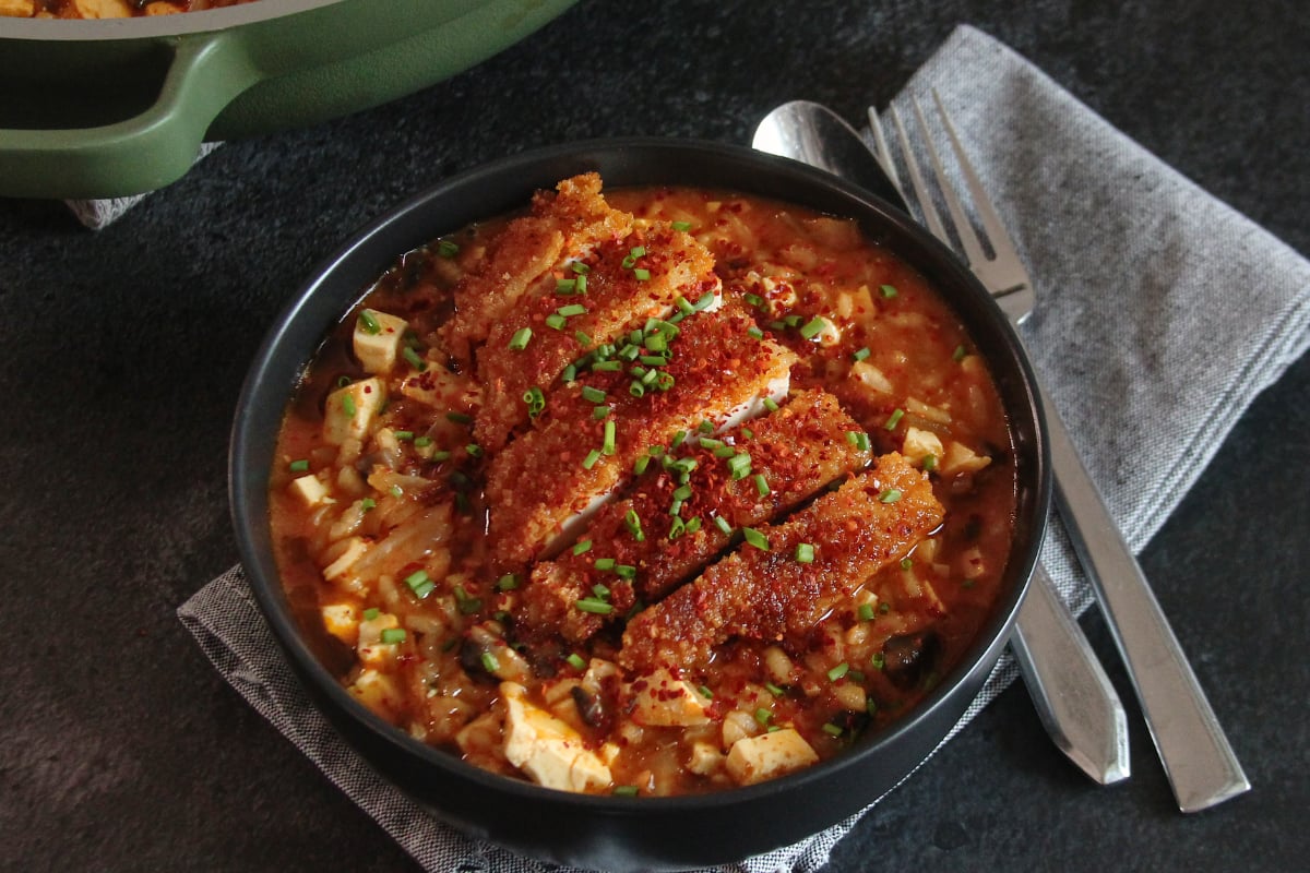 crispy gochujang chicken and kimchi risotto