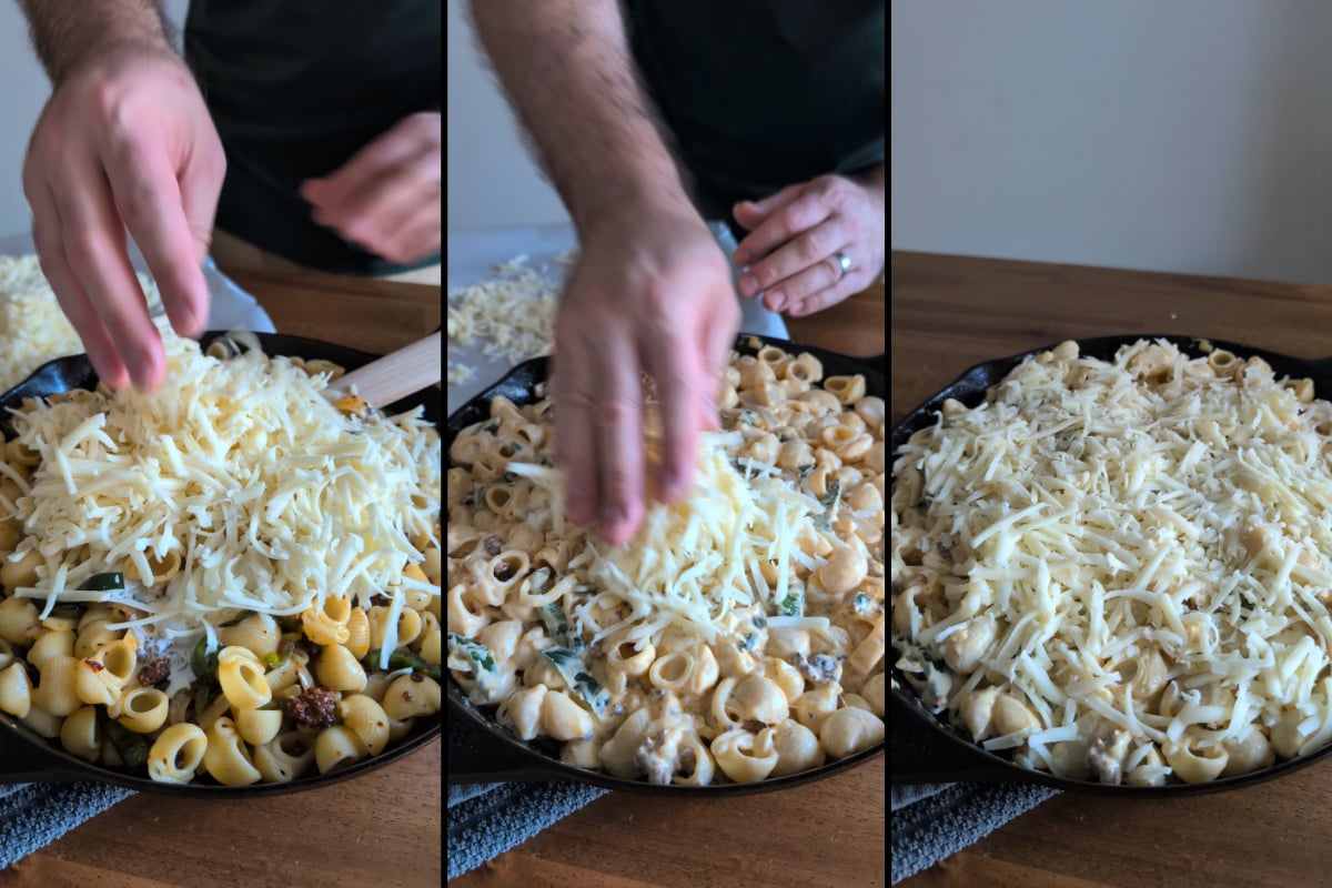 top the queso fundido mac and cheese with more cheese!