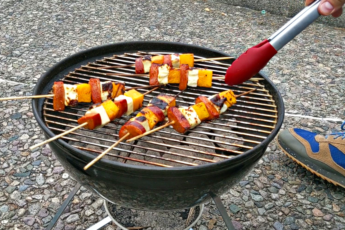Grilling the chorizo squash and cheese skewers